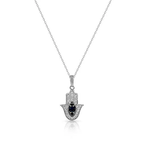 925 Sterling Silver Yellow Gold-Tone White Blue CZ Hamsa Good Luck Pendant Necklace