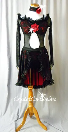Black Floral Lace with Red Lining and Attached Half Skirt - Swarovksi Rhinestones