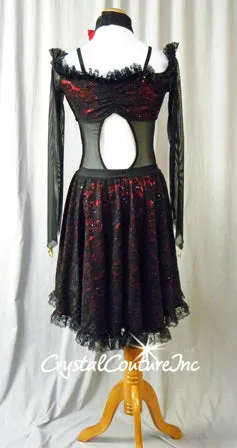 Black Floral Lace with Red Lining and Attached Half Skirt - Swarovksi Rhinestones