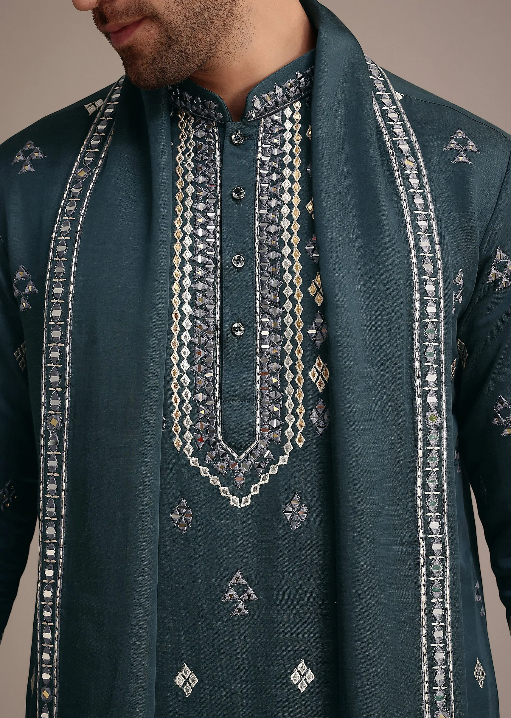 Blue Silk Blend Kurta Dupatta Set With Mirror Work