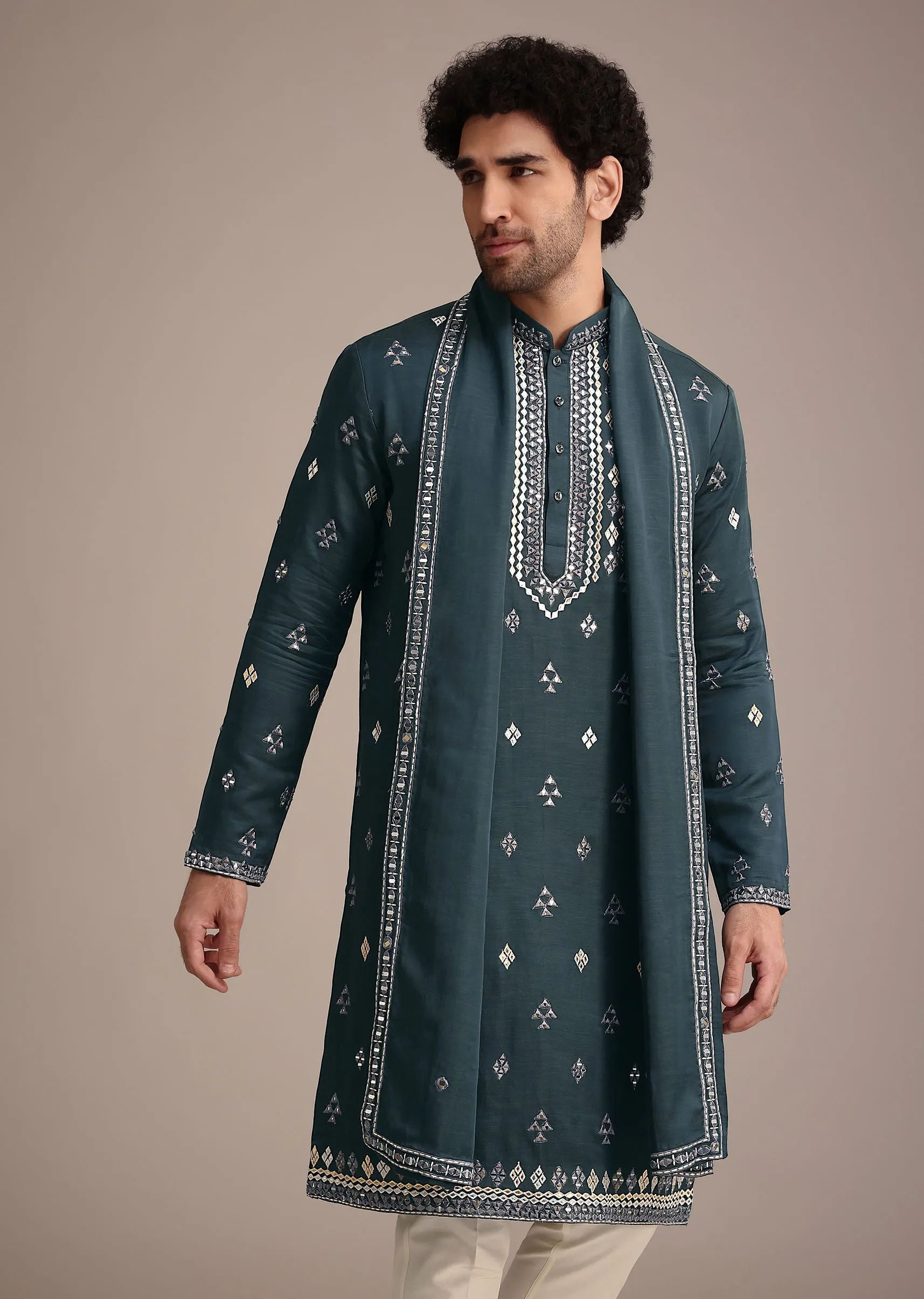 Blue Silk Blend Kurta Dupatta Set With Mirror Work