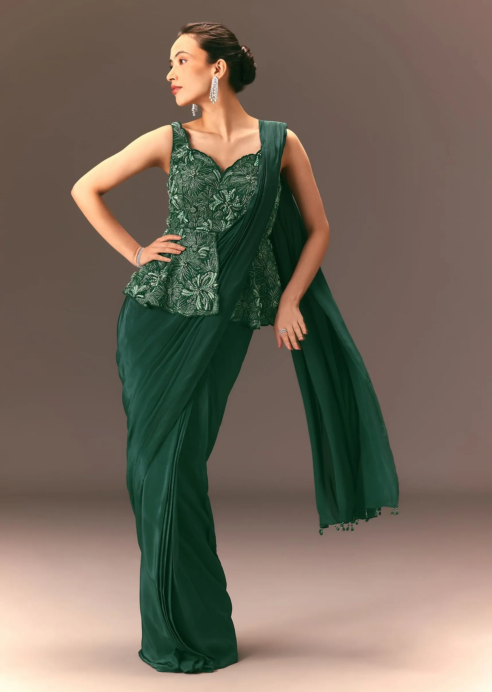 Bottle Green Raw Silk Pre Stitched Saree With Peplum Blouse