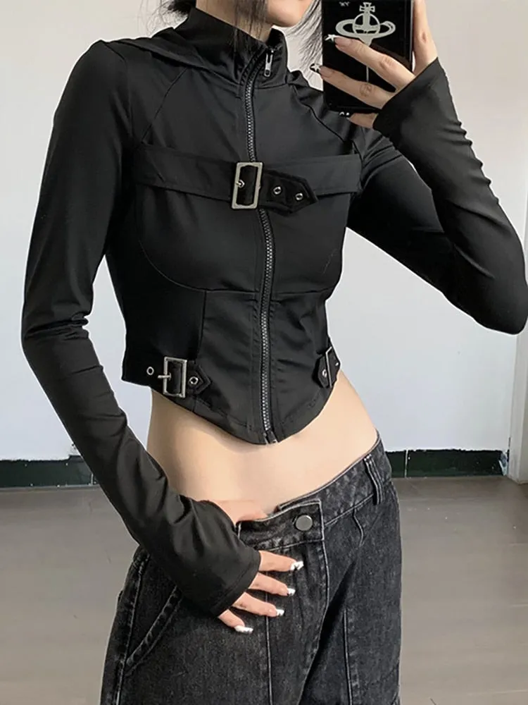 Crop Top mit Kapuze Techwear Cyber Gothic für Frauen