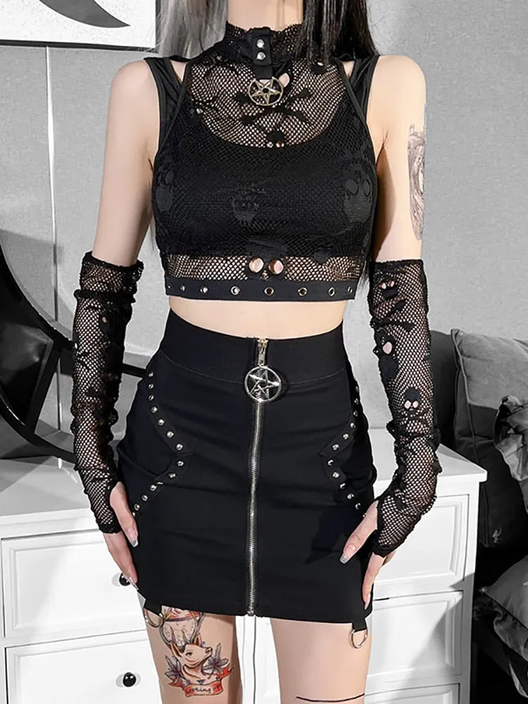 Crop Top mit Totenkopf-Print Netz e-girl für Frauen