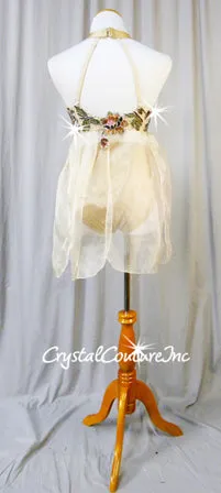 Custom Nude Lace and Chiffon Mock-Neck Fly-Away Top with Trunks - Swarovski Rhinestones