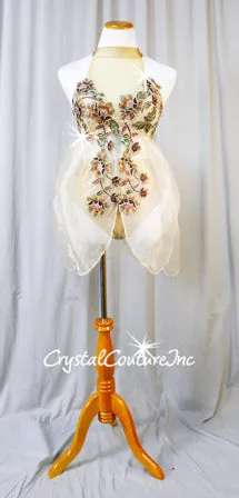 Custom Nude Lace and Chiffon Mock-Neck Fly-Away Top with Trunks - Swarovski Rhinestones