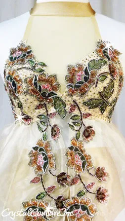 Custom Nude Lace and Chiffon Mock-Neck Fly-Away Top with Trunks - Swarovski Rhinestones