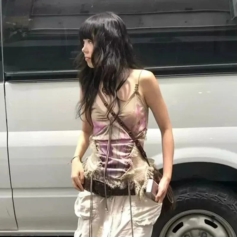 Fairy Gruge Tank Top tie dye grün und rosa mit Franse