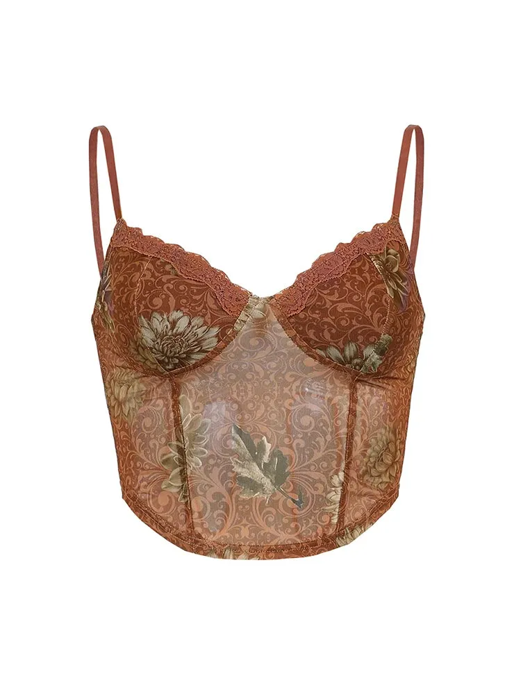 Fairy-Grunge Blumenprint Camisole in Ästhetik Braun mit Mesh und Spitze