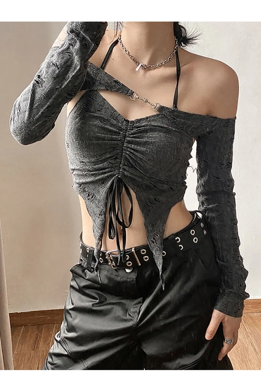 Fairy Grunge Long Sleeve Open Shoulders Crop Top