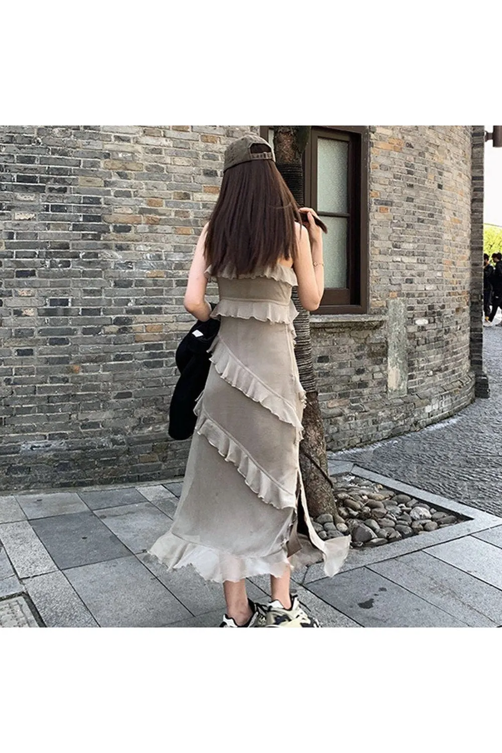 Fairy Grunge Ruffles Maxi Dress with Lace Patchwork