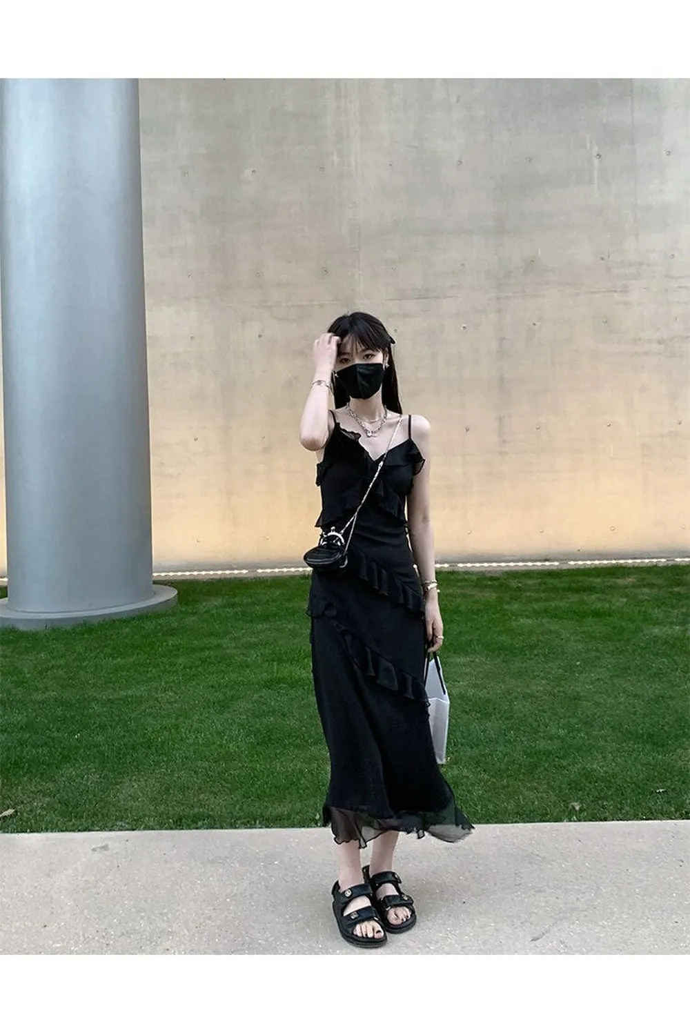 Fairy Grunge Ruffles Maxi Dress with Lace Patchwork