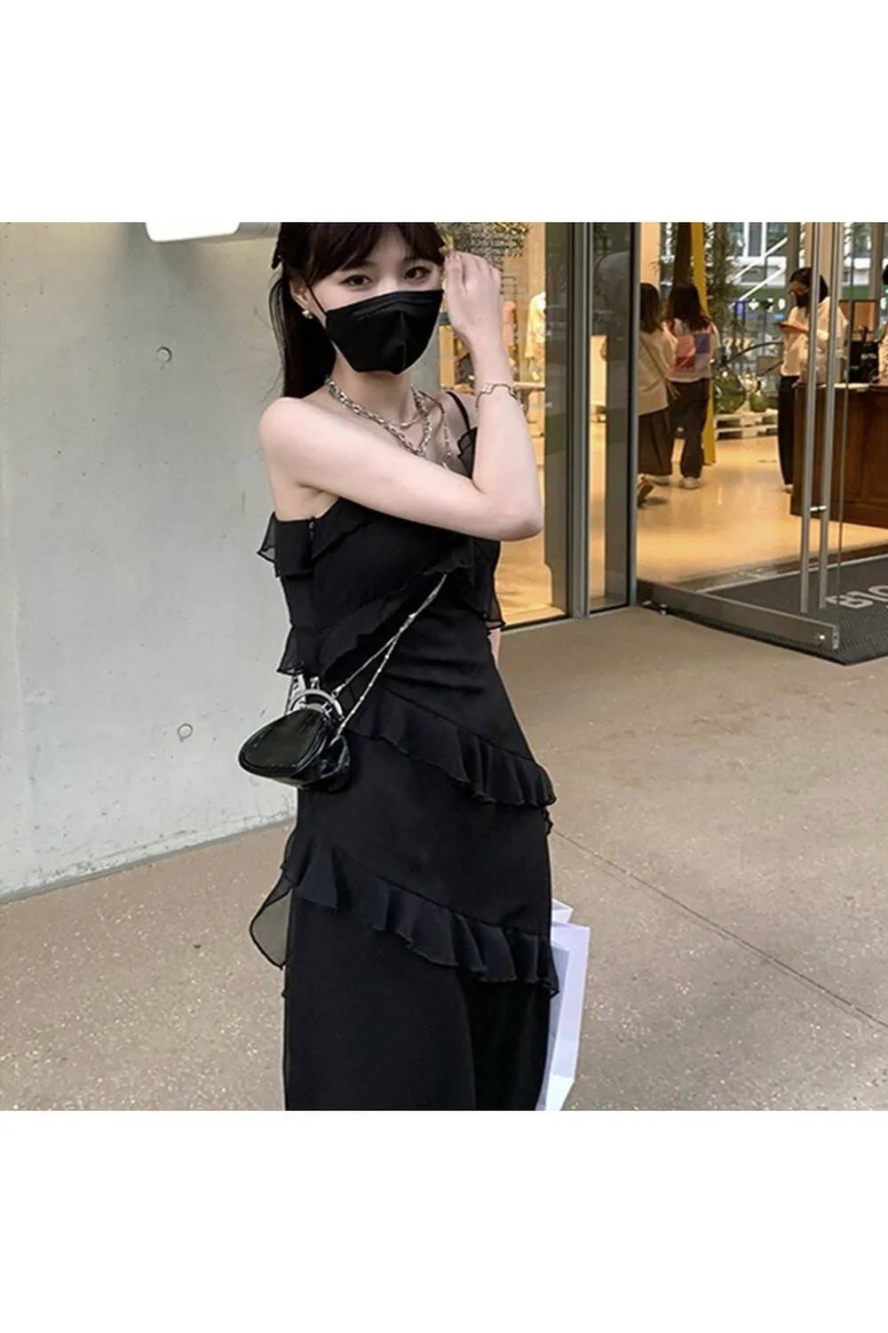 Fairy Grunge Ruffles Maxi Dress with Lace Patchwork
