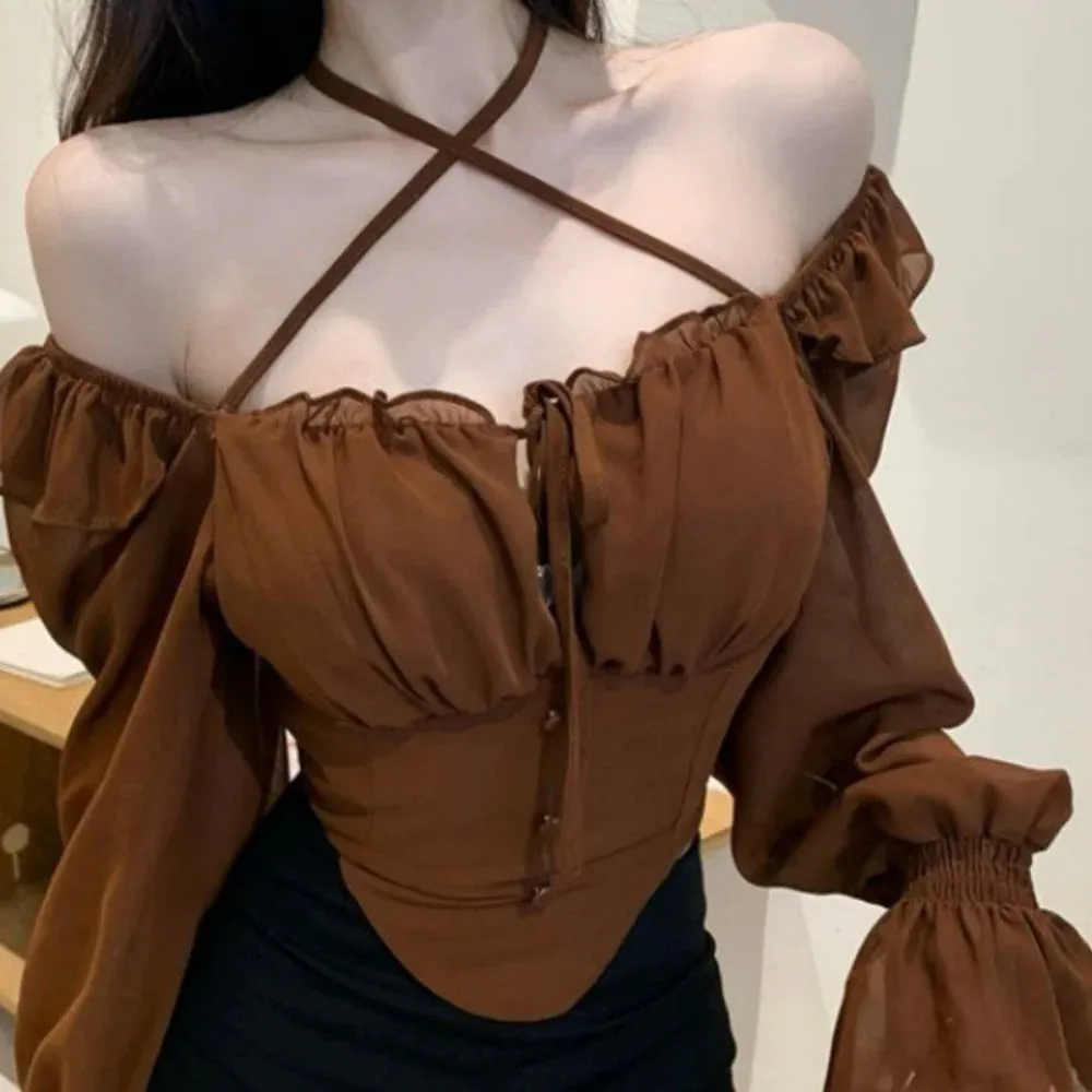 Fairy- grunge Style Bluse mit Puffärmeln und Kreuzträge