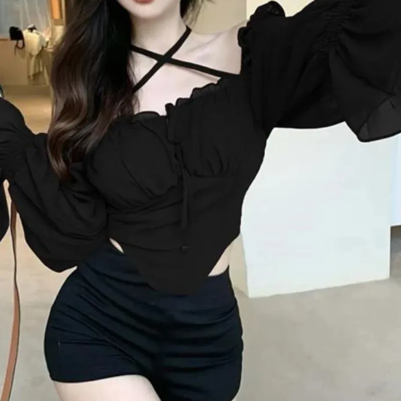 Fairy- grunge Style Bluse mit Puffärmeln und Kreuzträge
