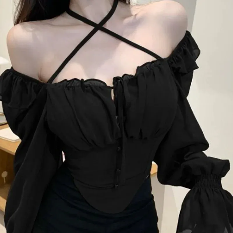 Fairy- grunge Style Bluse mit Puffärmeln und Kreuzträge