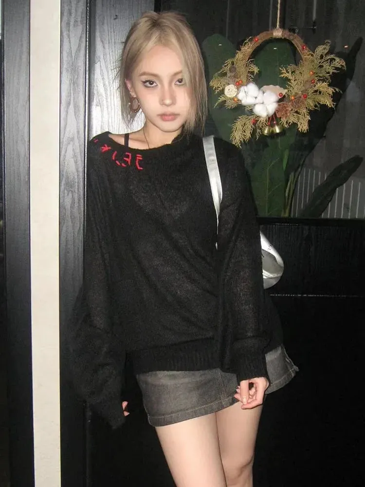 Frauen Durchsichtiger Strickpullover mit Lochmuster Grunge-Style