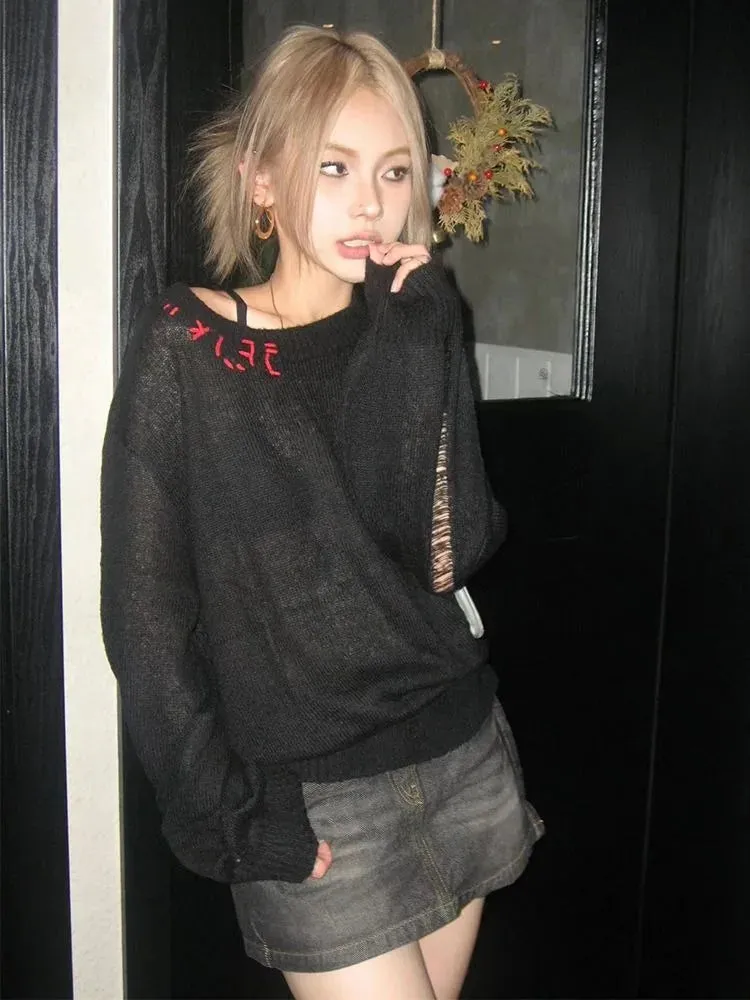 Frauen Durchsichtiger Strickpullover mit Lochmuster Grunge-Style