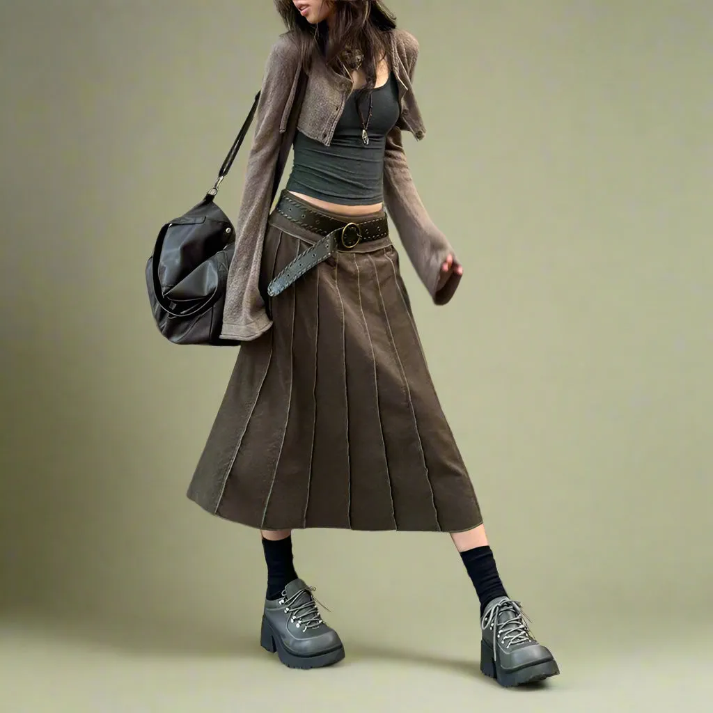 Goblincore Brown Panel Midi Skirt
