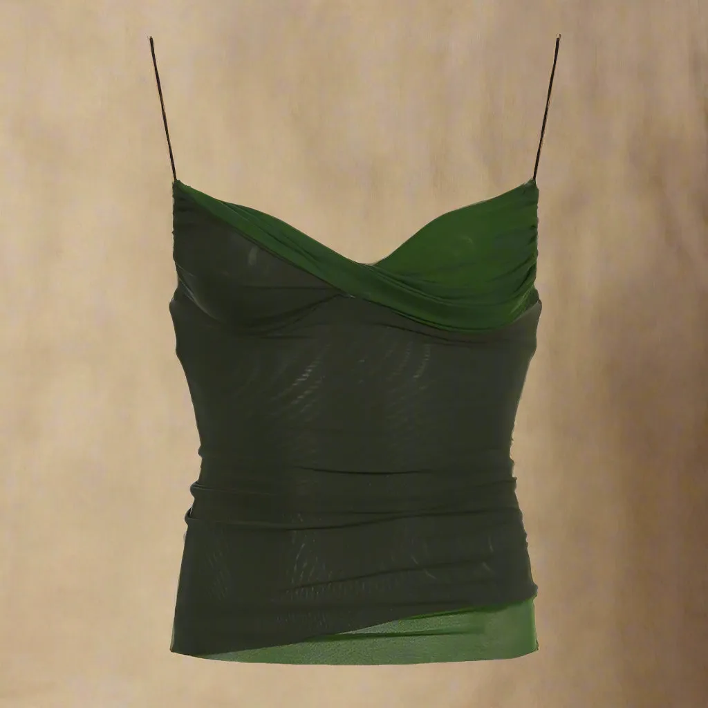 Goblincore Olive Ruched Cowl Neck Top