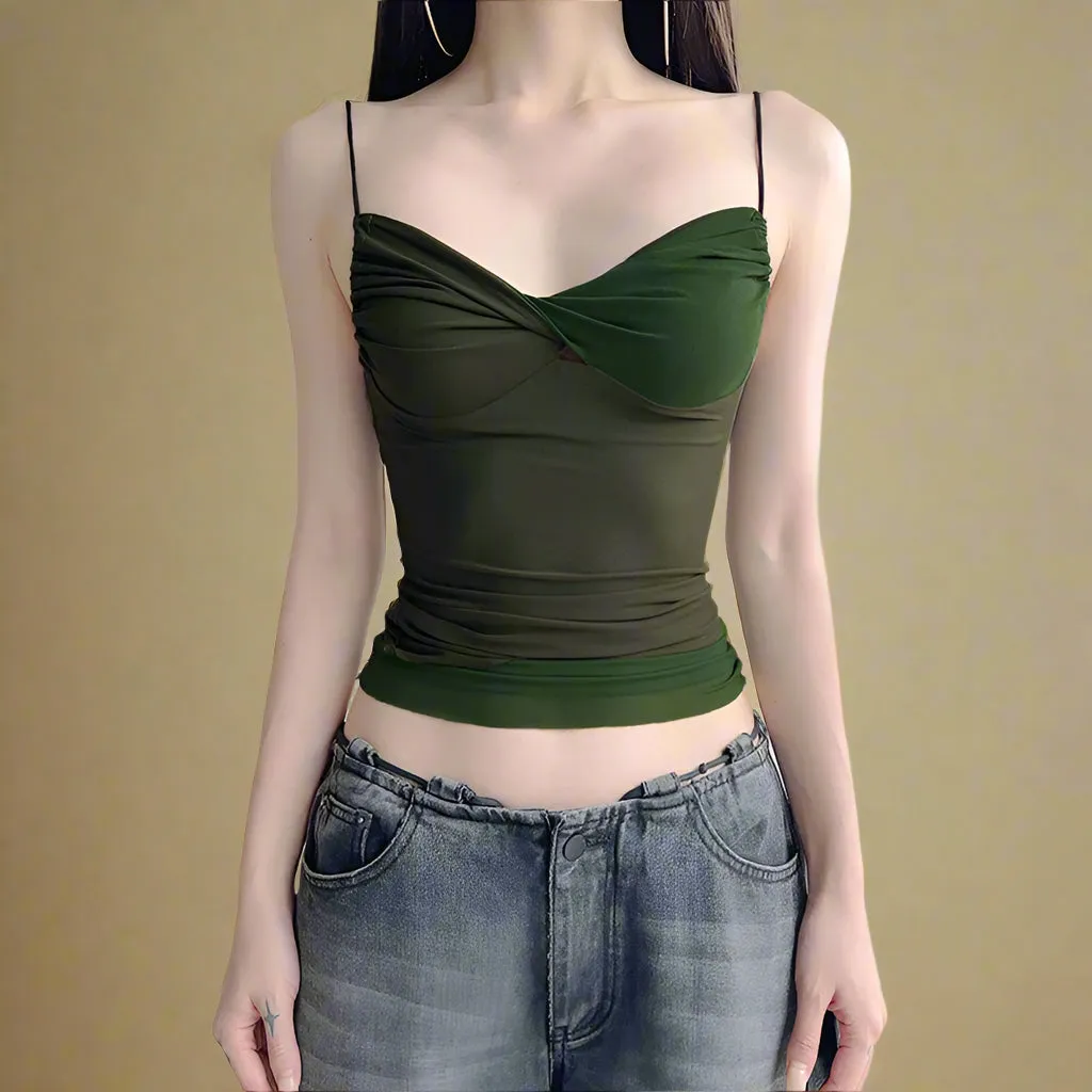 Goblincore Olive Ruched Cowl Neck Top