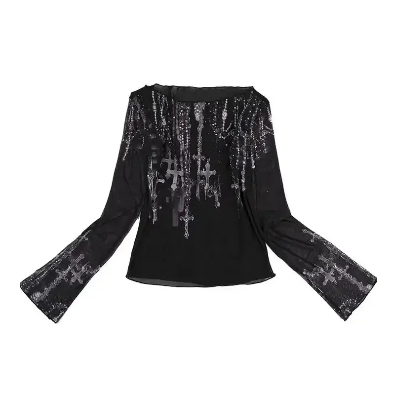 Gothic Mesh-Top mit Kreuzprint & Off-Shoulder-Schnitt