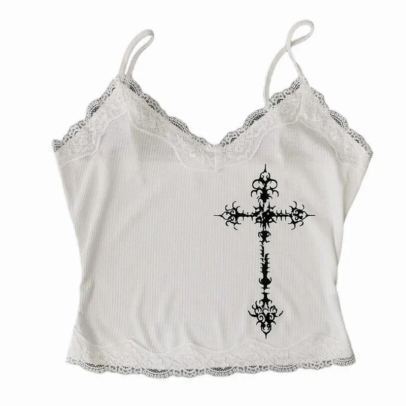 Gothic Spitzen-Camisole mit Kreuzprint