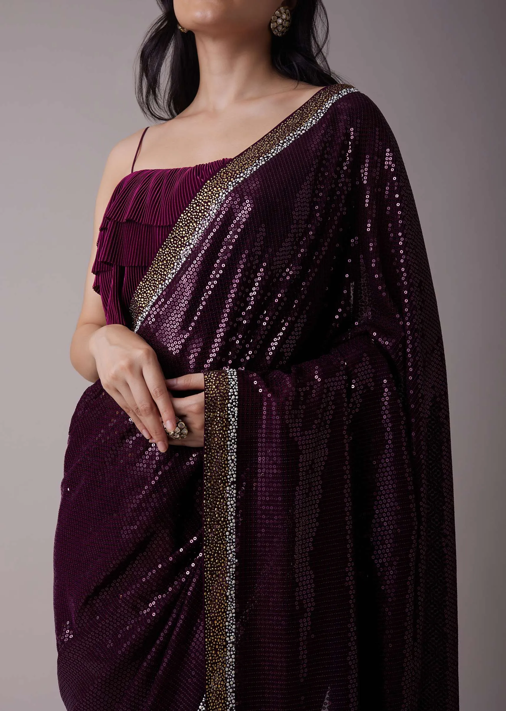 Grape Purple Sequins Saree With An Embellished Border
