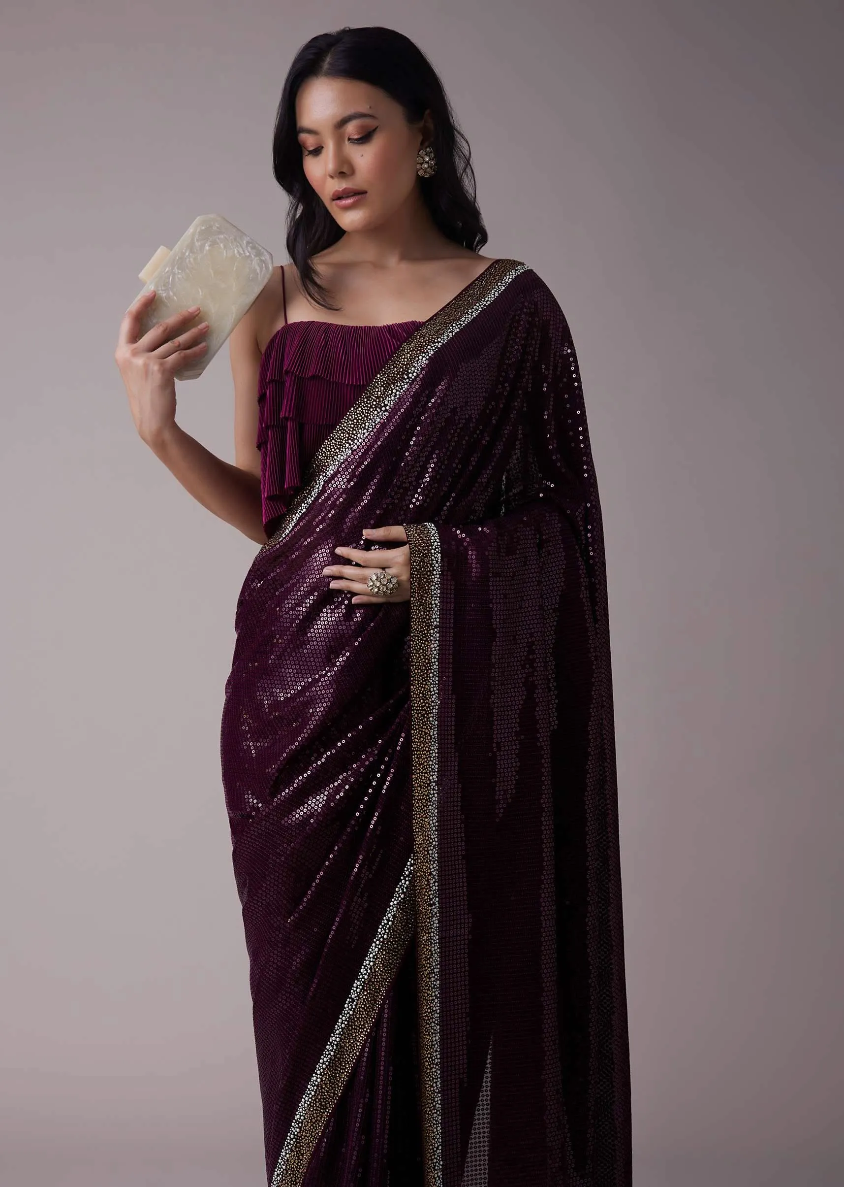 Grape Purple Sequins Saree With An Embellished Border