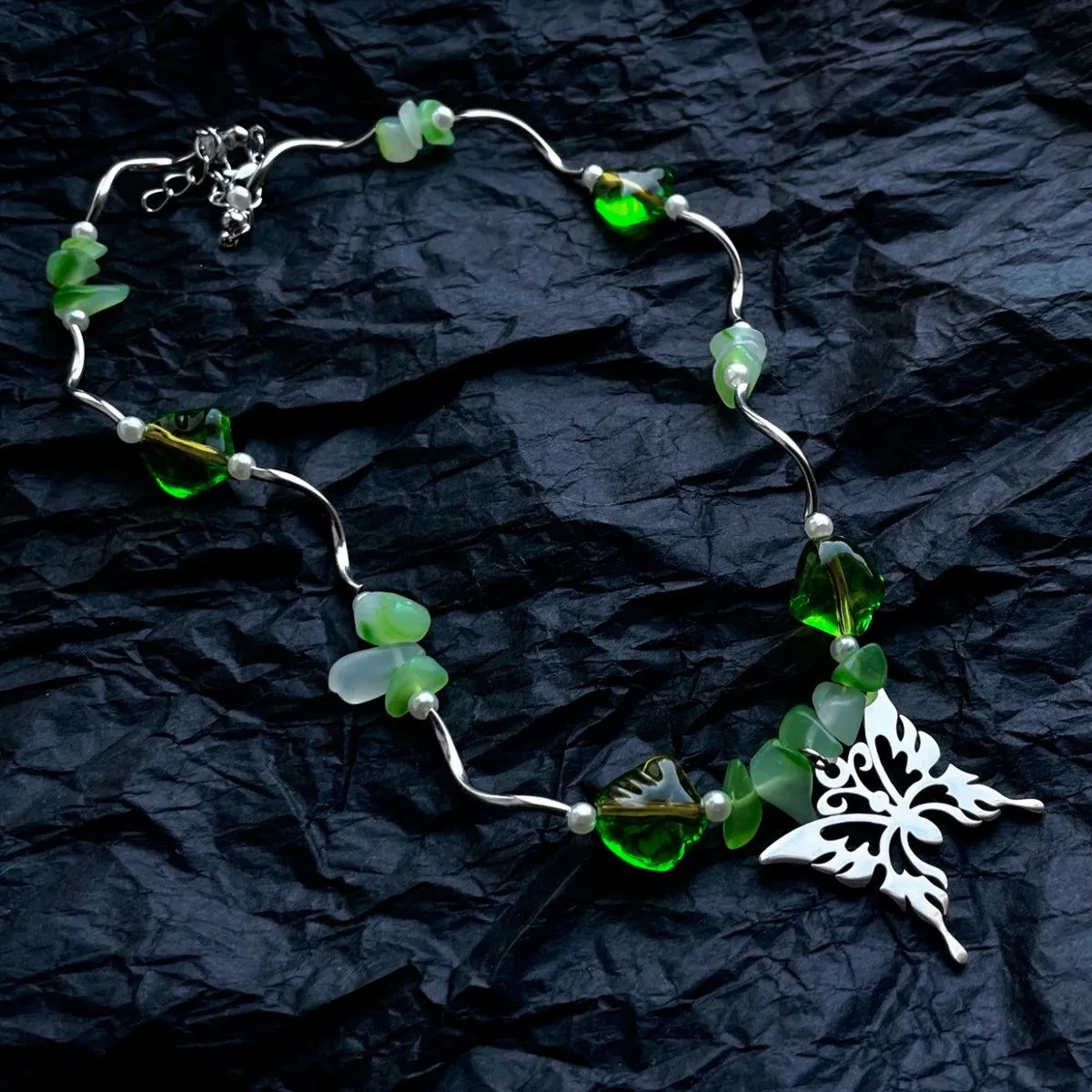 Green Gems Vine Butterfly Pendant Necklace