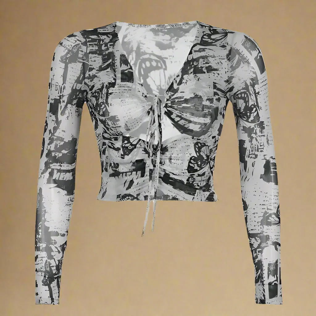 Grungecore Butterfly Print Cut-Out Top