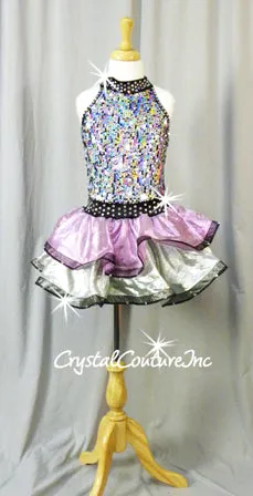 Metallic Purple/Silver/Black Sequined Dress/Leotard with Ruffled Skirt - Swarovski Rhinestones
