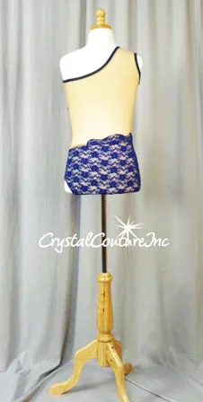 Navy Blue Floral Lace and Nude Mesh Asymmetrical Leotard