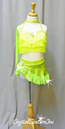 Neon Green Sequin Top/Skirt with Fringe & Ruffles - Swarovski Rhinestones
