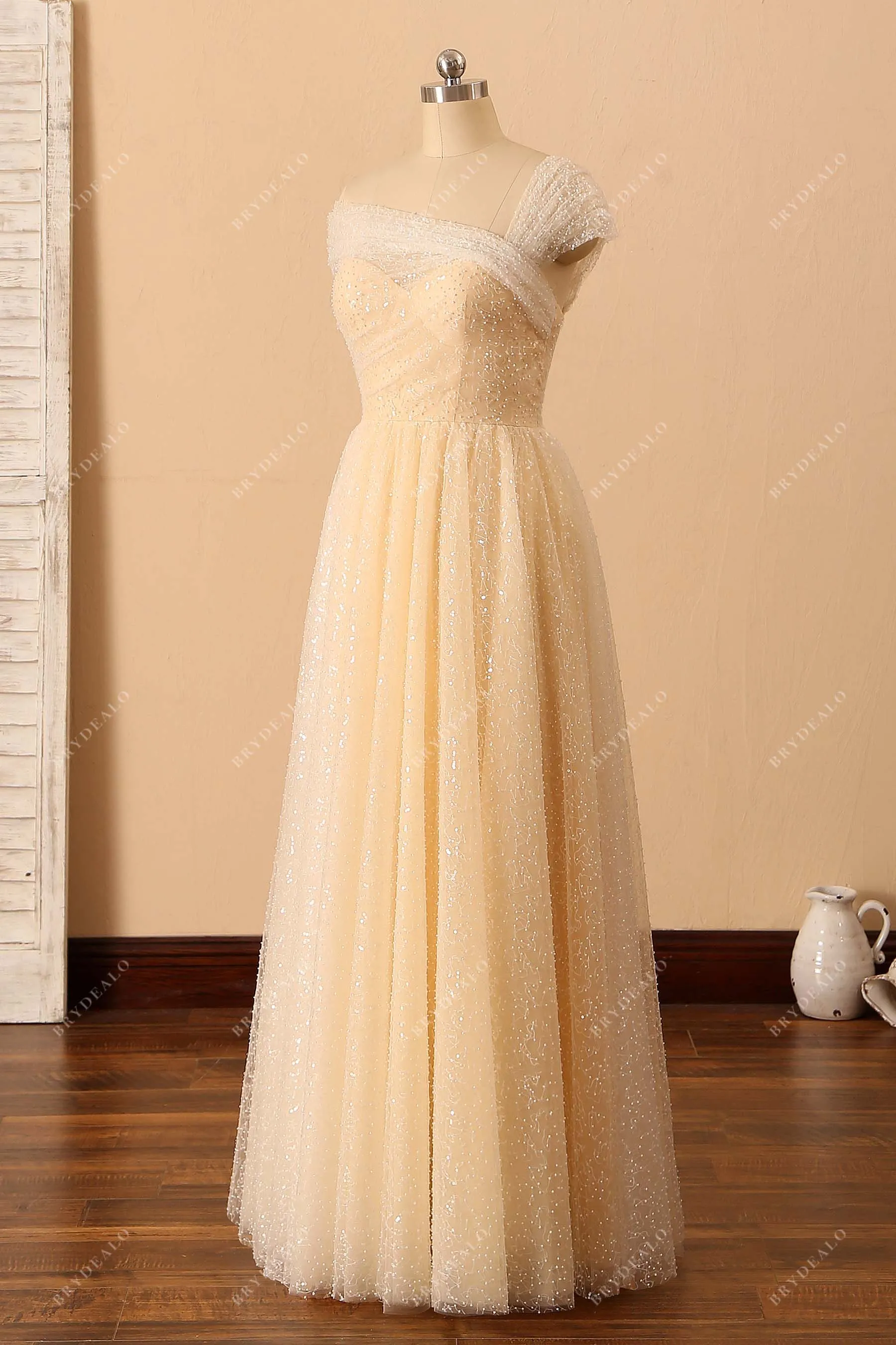 Shimmery Beaded Asymmetrical Shoulder Corset Bridal Dress