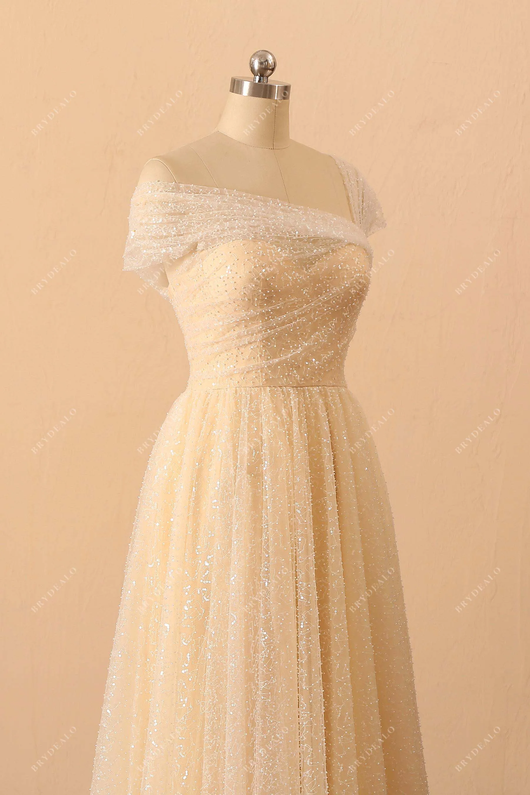 Shimmery Beaded Asymmetrical Shoulder Corset Bridal Dress