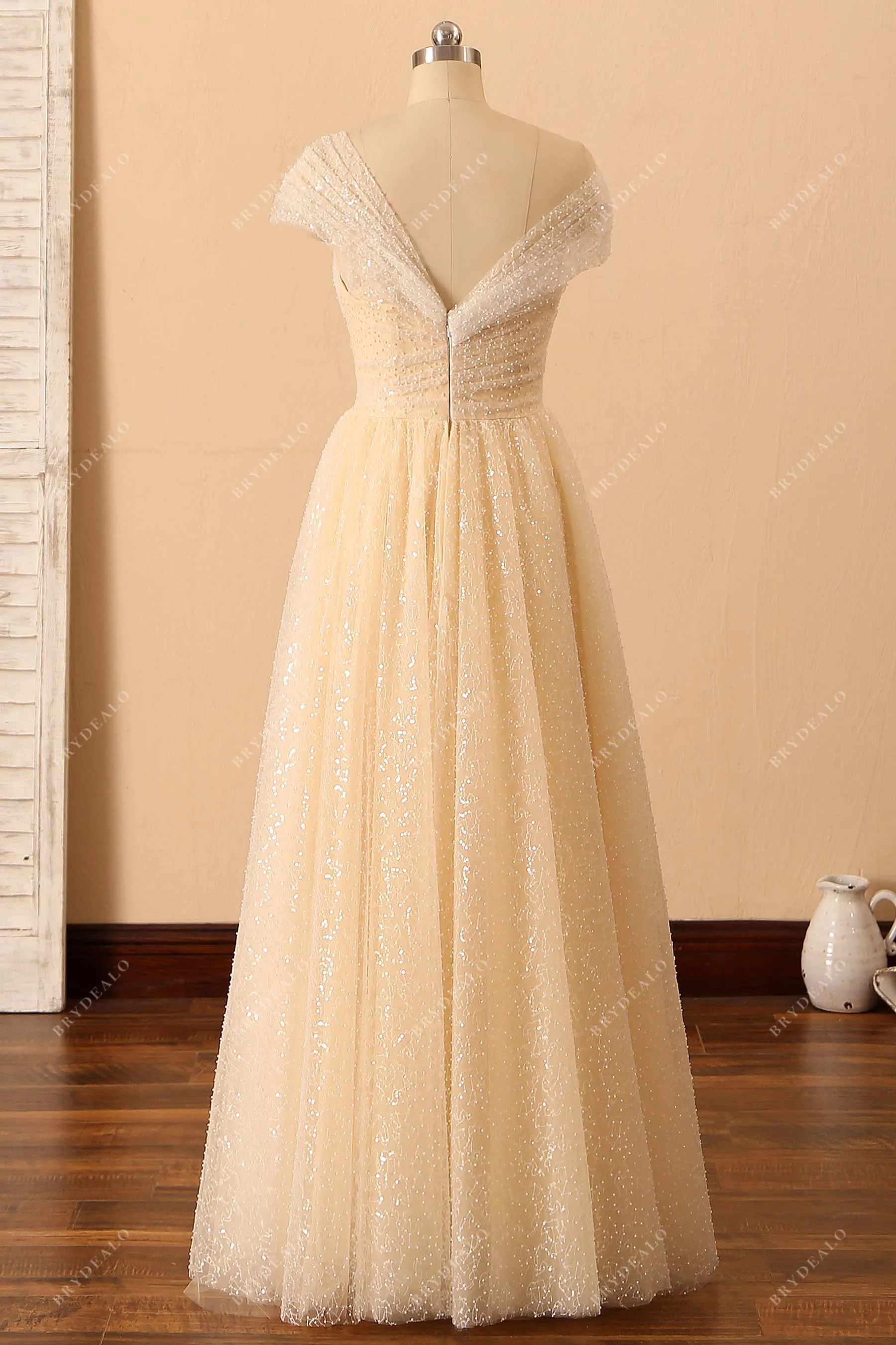 Shimmery Beaded Asymmetrical Shoulder Corset Bridal Dress
