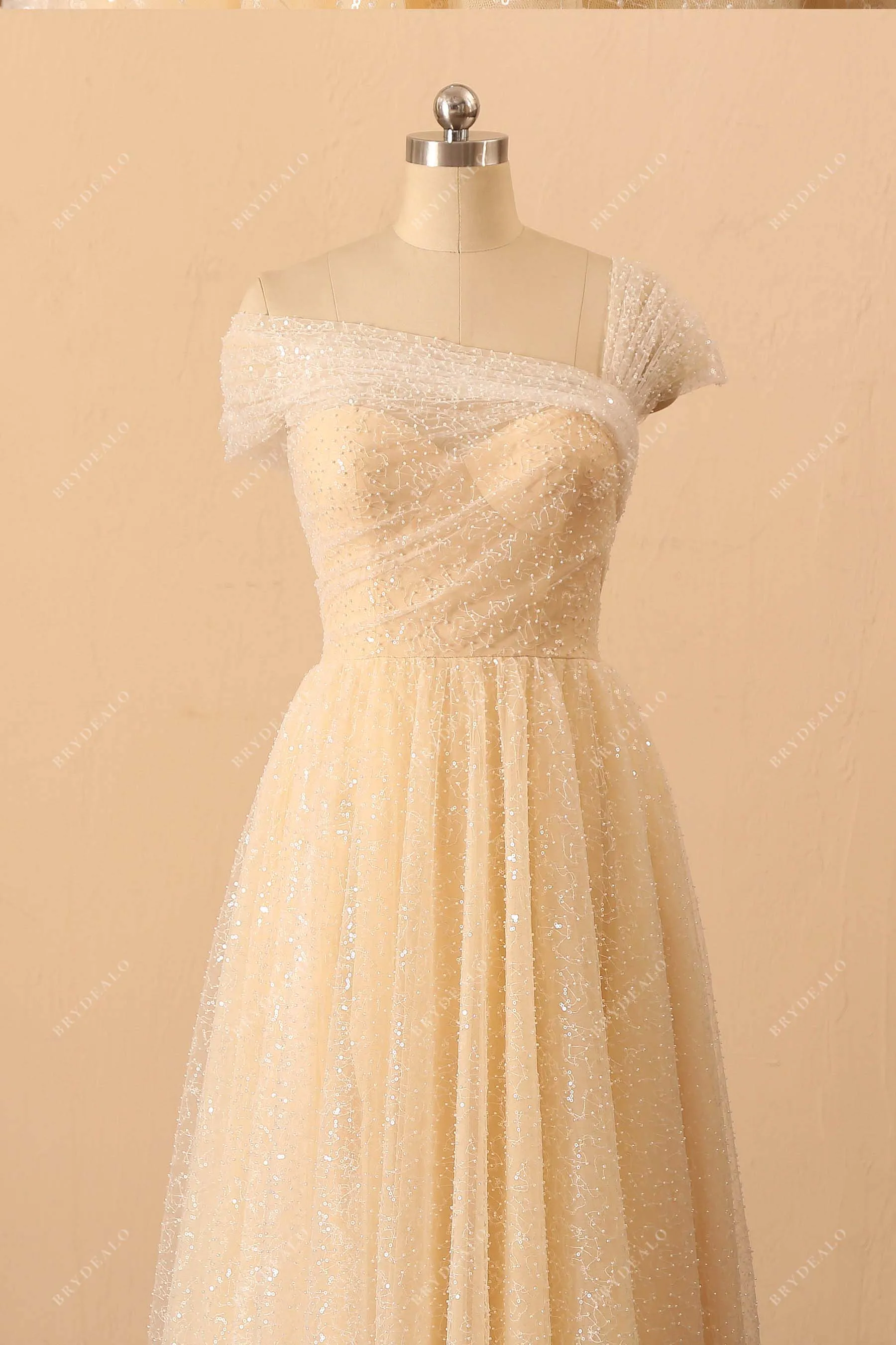 Shimmery Beaded Asymmetrical Shoulder Corset Bridal Dress