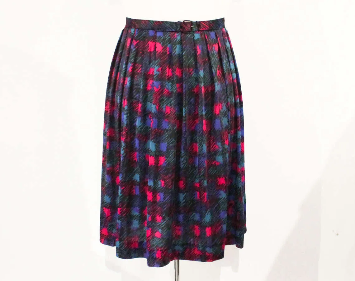 Size 12 Pleated Skirt - 1960s Magenta Pink Indigo Blue Turquoise Teal Black - Scribbled Plaid 60s Print - Original Belt - Waist 29.5 - 49581