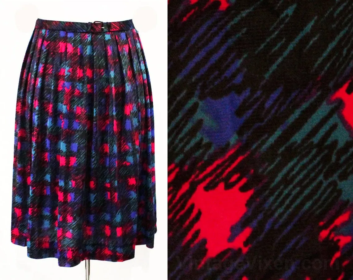 Size 12 Pleated Skirt - 1960s Magenta Pink Indigo Blue Turquoise Teal Black - Scribbled Plaid 60s Print - Original Belt - Waist 29.5 - 49581