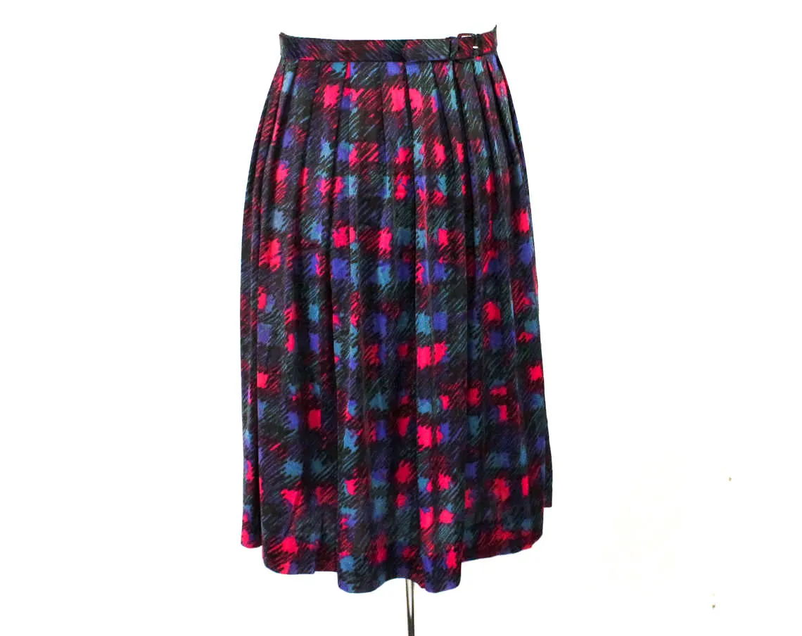 Size 12 Pleated Skirt - 1960s Magenta Pink Indigo Blue Turquoise Teal Black - Scribbled Plaid 60s Print - Original Belt - Waist 29.5 - 49581