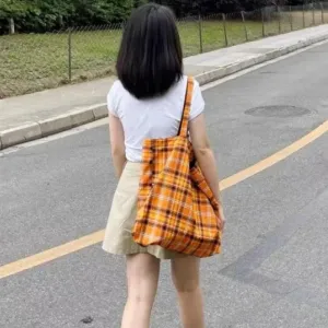 UAKISS  -  Vintage Grunge Y2k Aesthetic Plaid Tote Bags Women Streetwear Fashion Handbags High-capacity Casual Canvas Shoulder Underarm Bag