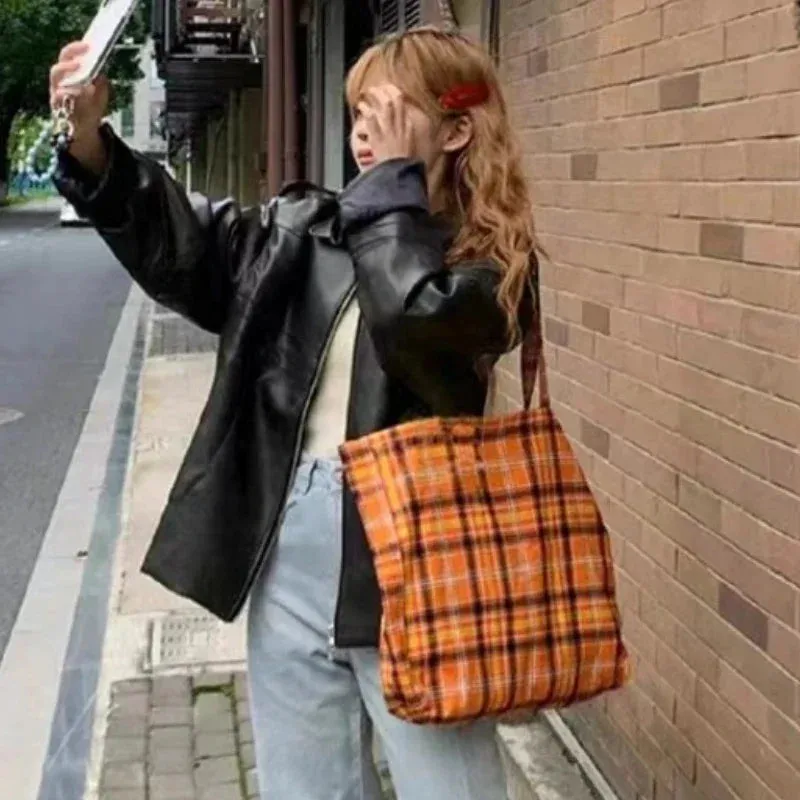 UAKISS  -  Vintage Grunge Y2k Aesthetic Plaid Tote Bags Women Streetwear Fashion Handbags High-capacity Casual Canvas Shoulder Underarm Bag